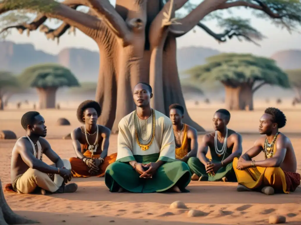 Juventud africana en ceremonia espiritual bajo baobab