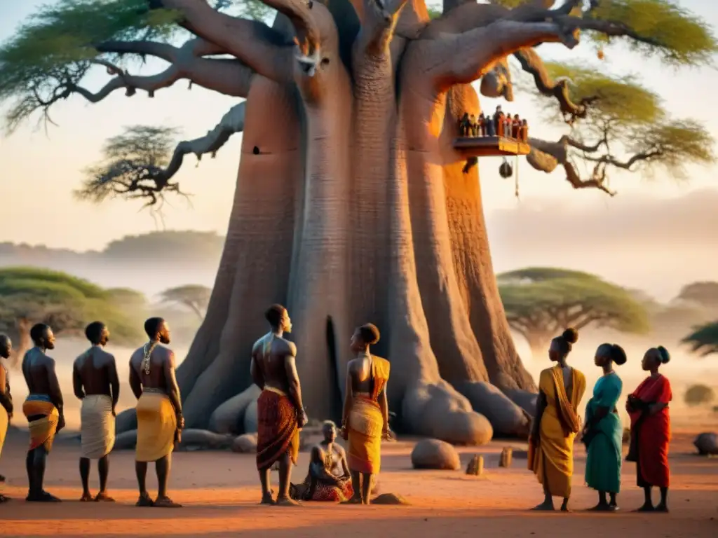 Juventud africana preservando su espiritualidad ancestral bajo un baobab al atardecer