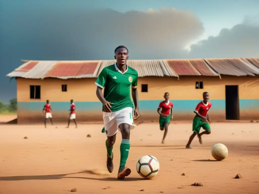 Inspirando juventud africana éxito deportivo en un vibrante partido de fútbol en un campo polvoriento bajo el sol africano