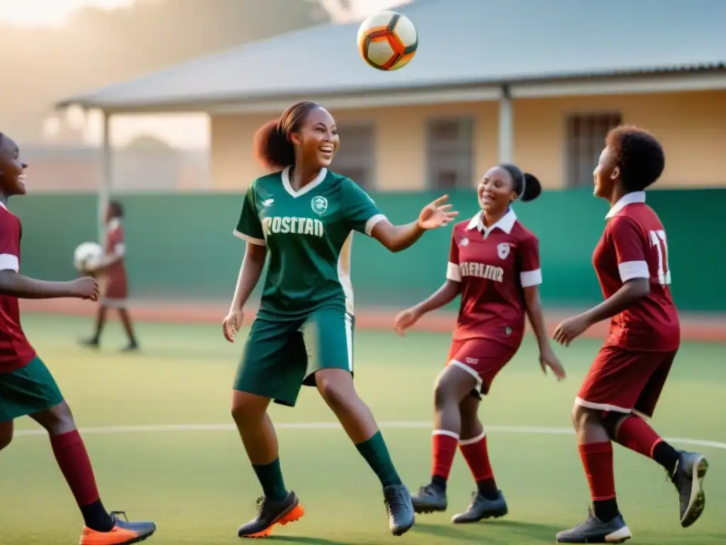 Inspirando juventud africana éxito deportivo: Estudiantes africanos juegan fútbol al atardecer, mostrando trabajo en equipo y determinación