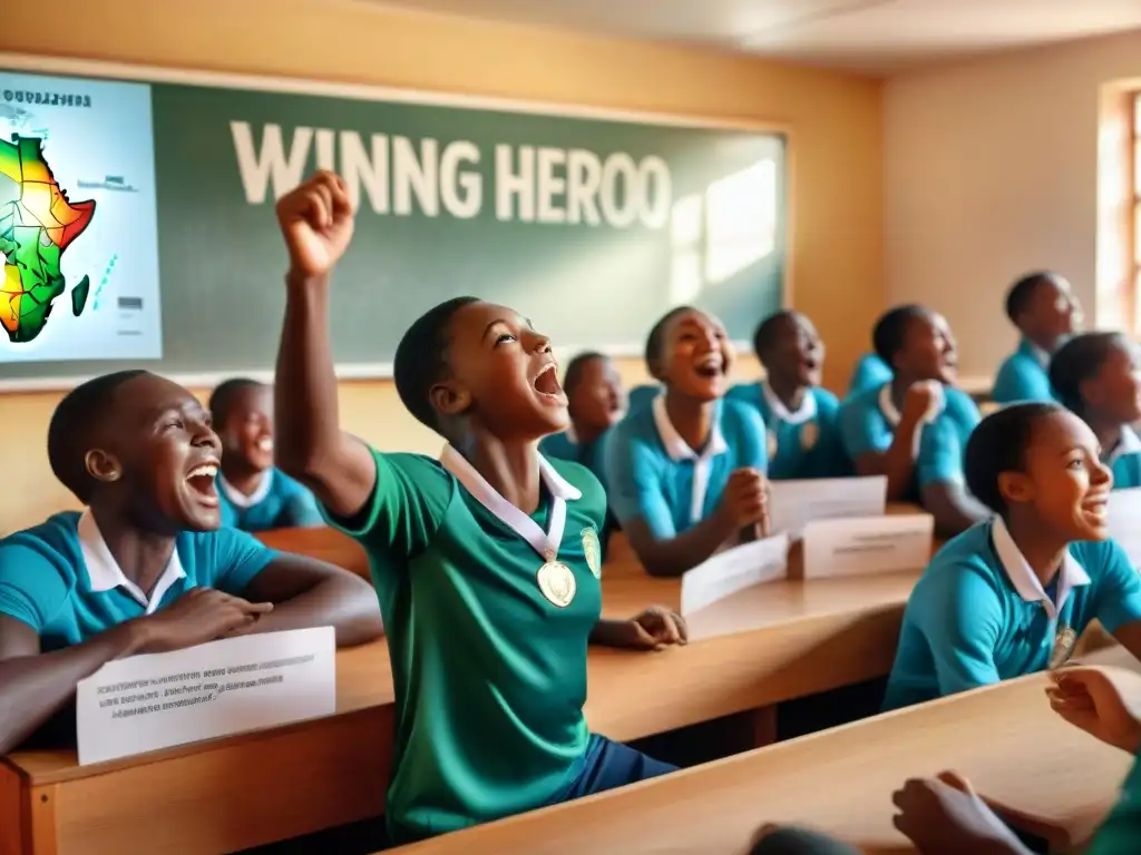 Inspirando juventud africana éxito deportivo: Estudiantes africanos emocionados viendo a héroe ganar medalla de oro