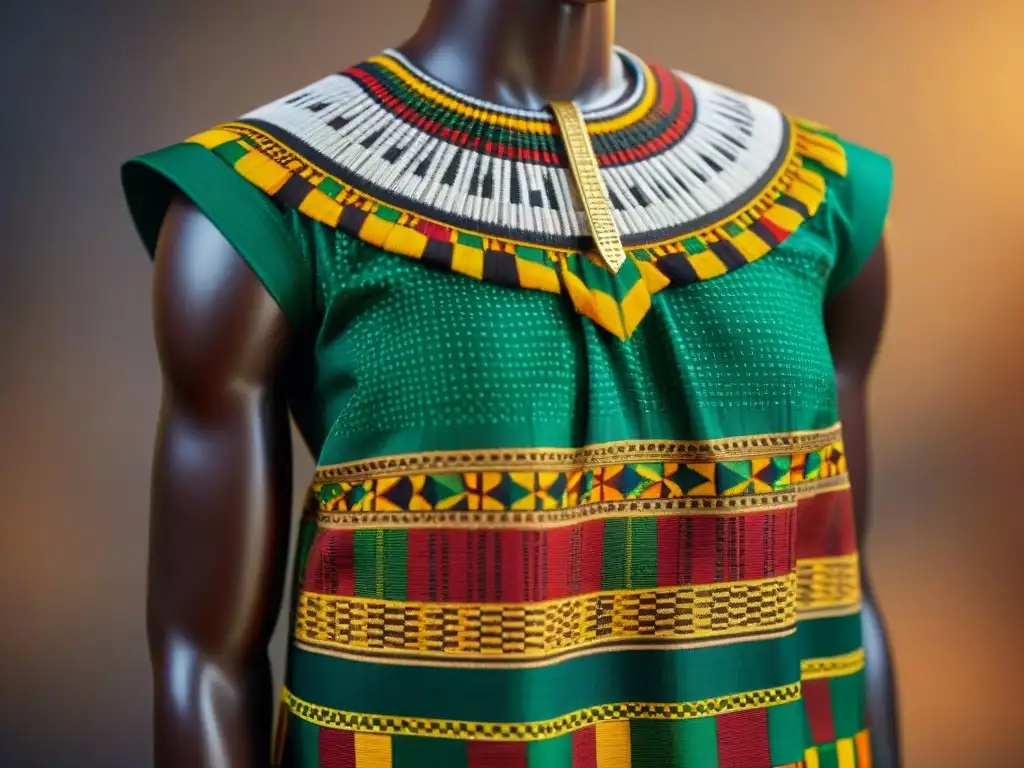 Un Kente cloth en detalle, con patrones geométricos en tonos vibrantes de oro, verde y rojo