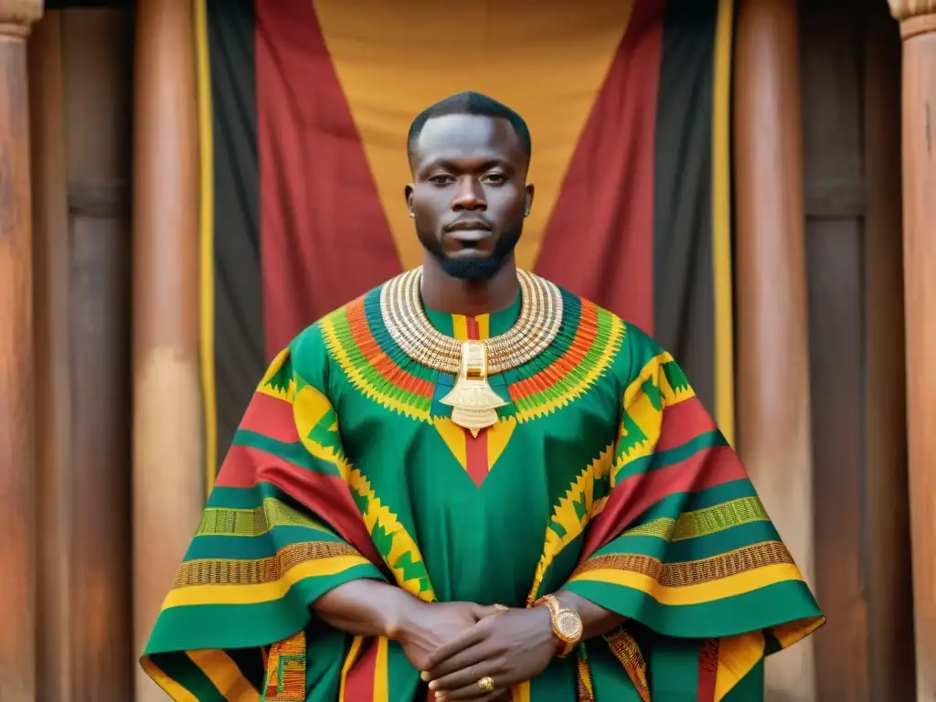 Rey ghanés con Kente colorido y símbolos de poder en África