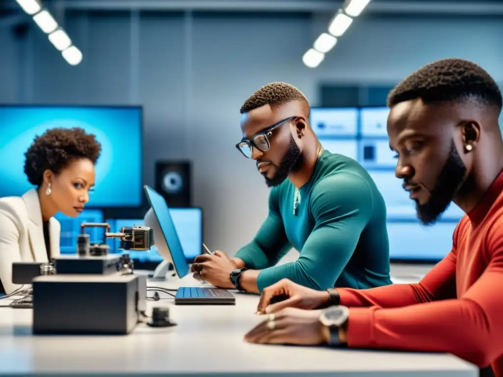 Un laboratorio tecnológico moderno con innovadores de la diáspora africana fusionando tradición e innovación