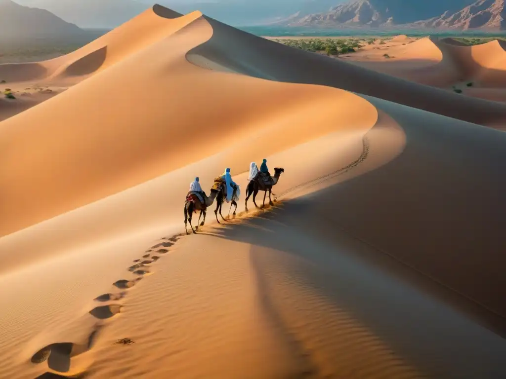 Legado africano en desierto Arabia: Beduinos nómadas cabalgan en camellos al atardecer, vistiendo trajes tradicionales