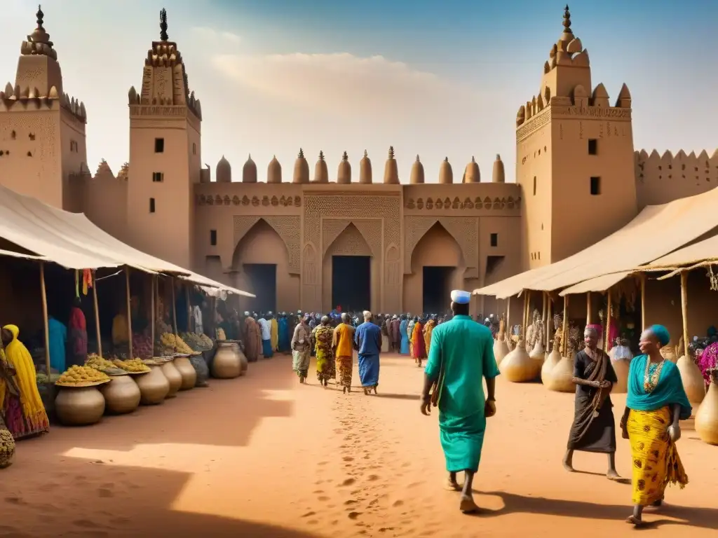 Legado espiritual de los imperios africanos antiguos: la Gran Mezquita de Djenné en Mali, con su arquitectura de barro y bullicioso mercado