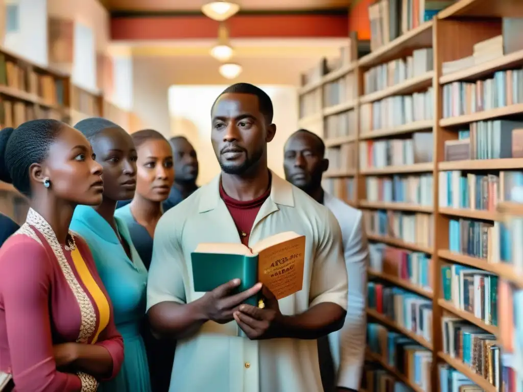 Una librería abarrotada en una bulliciosa ciudad africana, con estantes rebosantes de libros coloridos escritos por autores africanos