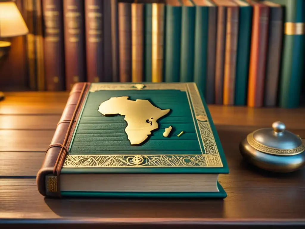 Un libro antiguo con un mapa de África y símbolos antiguos, en una mesa de madera iluminada por una luz cálida