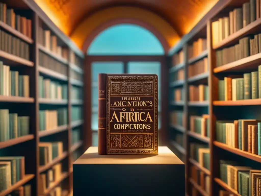 Libros prohibidos sobre civilizaciones africanas en una biblioteca misteriosa y tenue