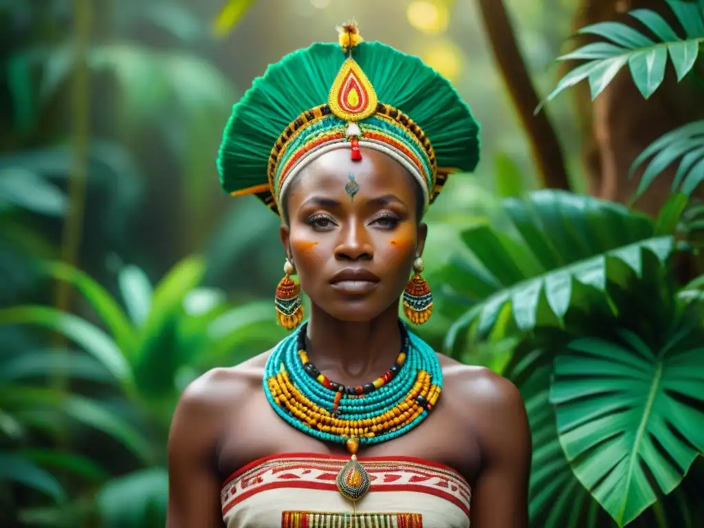 Líder africana de la etnia Bakwa Luntu en traje tradicional, con adornos y símbolos tribales, en la selva congoleña