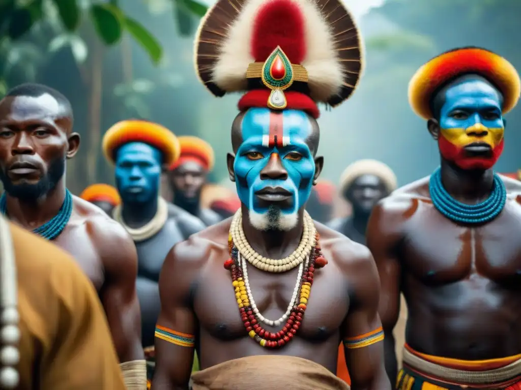 Un líder espiritual Kongo realiza un ritual sagrado con seguidores en un vibrante escenario ceremonial