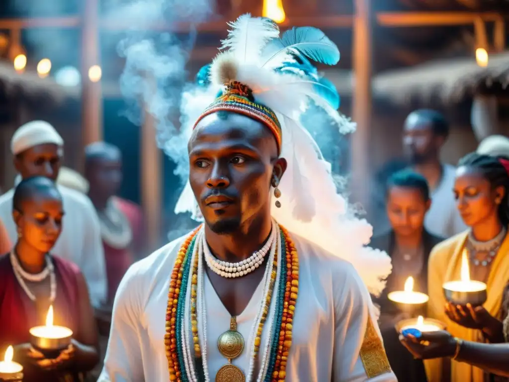Ritual espiritual en templo de Umbanda: conexión cultural y diversidad Líder espiritual invoca a los espíritus en un templo de Umbanda, rodeado de seguidores y ofrendas, reflejando el sincretismo religioso en Brasil