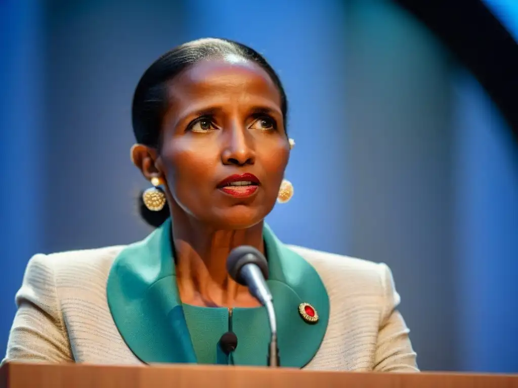 Una líder inspiradora, Ayaan Hirsi Ali, habla frente a un público diverso, reflejando empoderamiento y liderazgo