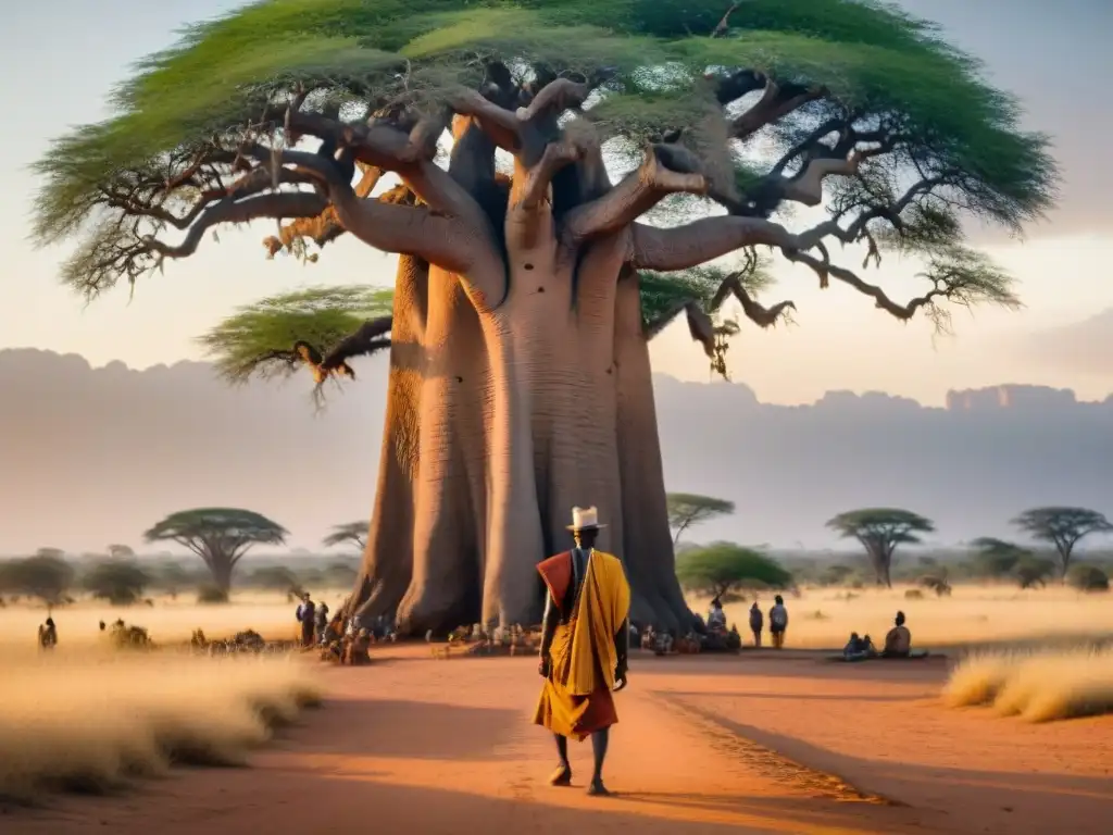 Un líder tribal africano bajo un baobab al atardecer