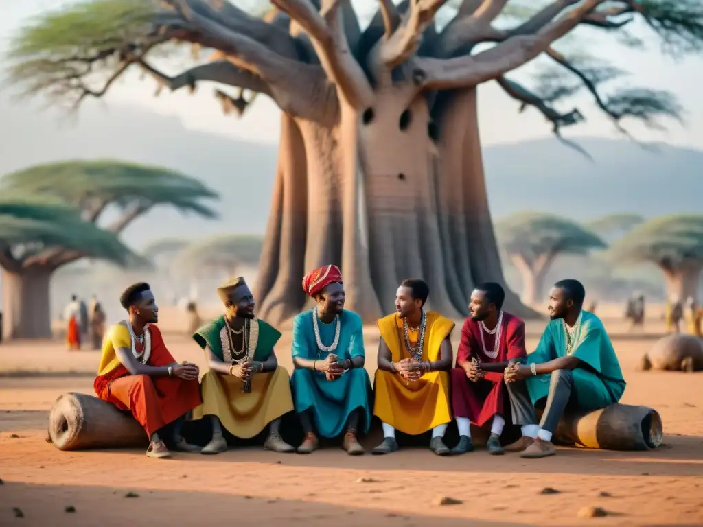 Liderazgo juvenil en África: Jóvenes líderes africanos intercambiando ideas bajo un baobab en una ciudad vibrante