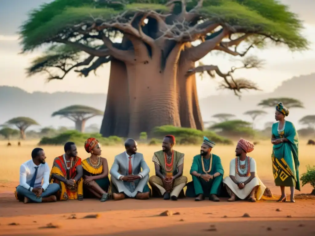 Líderes africanos en discusión bajo un baobab, simbolizando la sostenibilidad ecológica en África