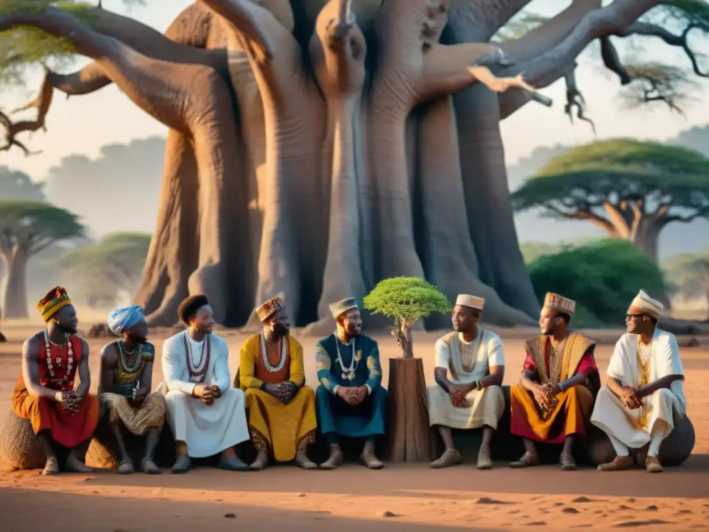 Líderes Africanos conversan sobre sostenibilidad bajo un baobab al atardecer