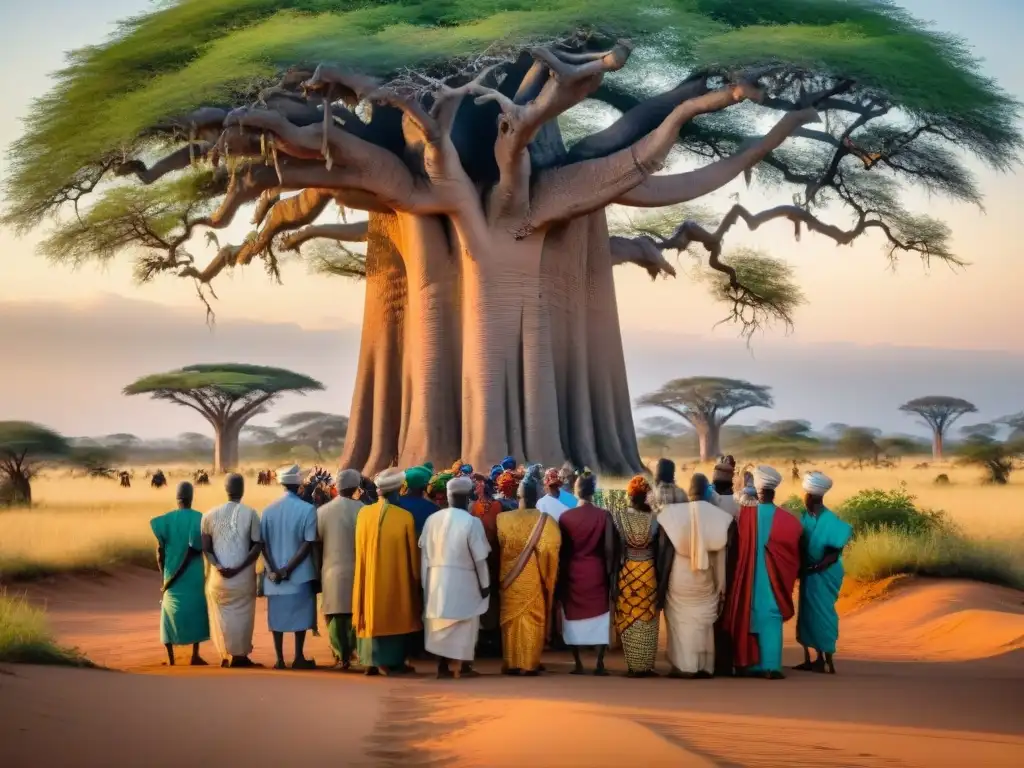 Líderes africanos debaten sobre sostenibilidad bajo un baobab, reflejando sabiduría y pasión por la naturaleza