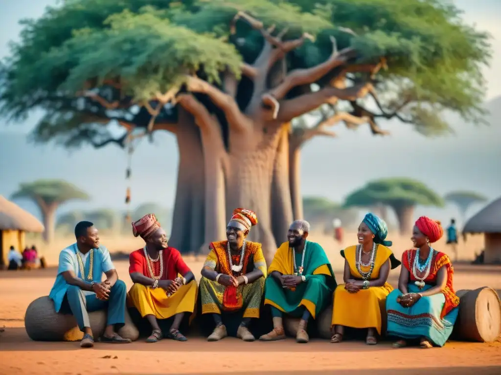 Líderes comunitarios africanos debatiendo bajo un baobab, con vestimenta tradicional y joyas, en una vibrante aldea africana