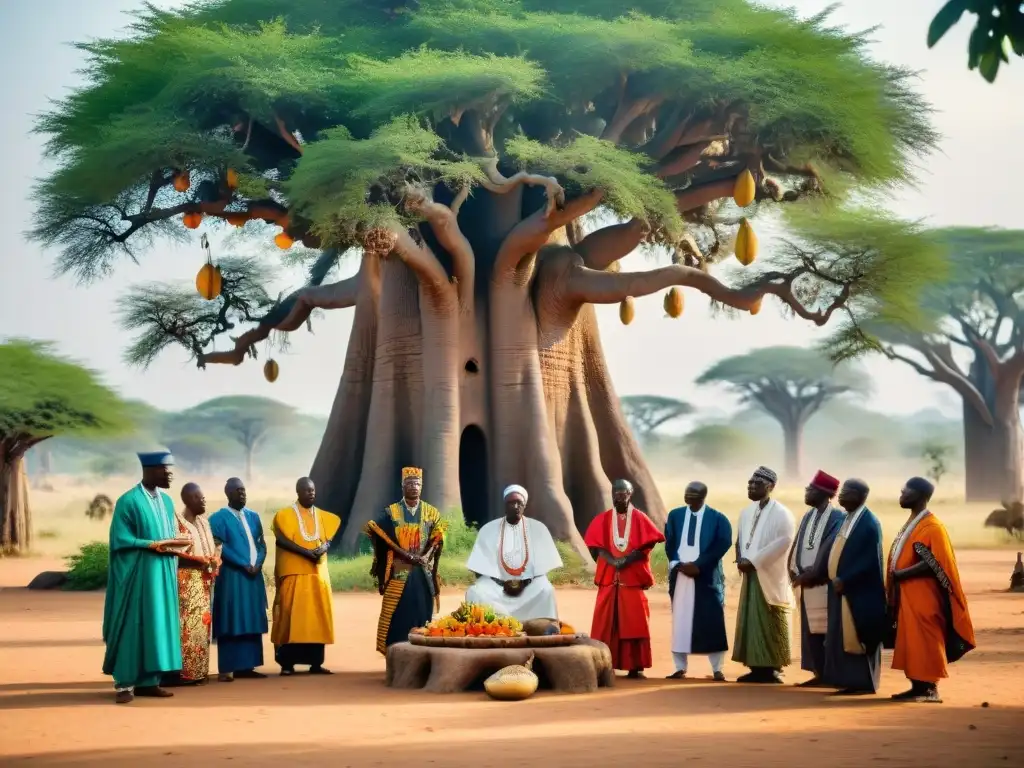 Líderes religiosos africanos realizan ritual bajo baobab, mostrando la influencia global de las religiones africanas