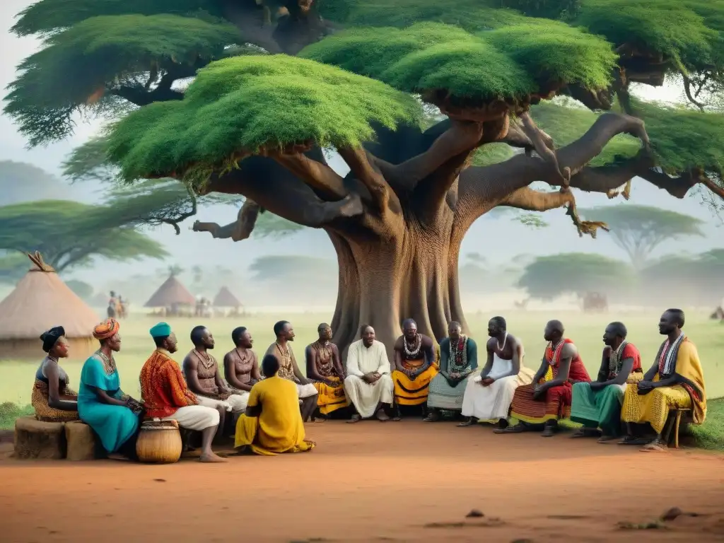 Conversación entre líderes tribales africanos y oficial colonial británico bajo un árbol en una aldea