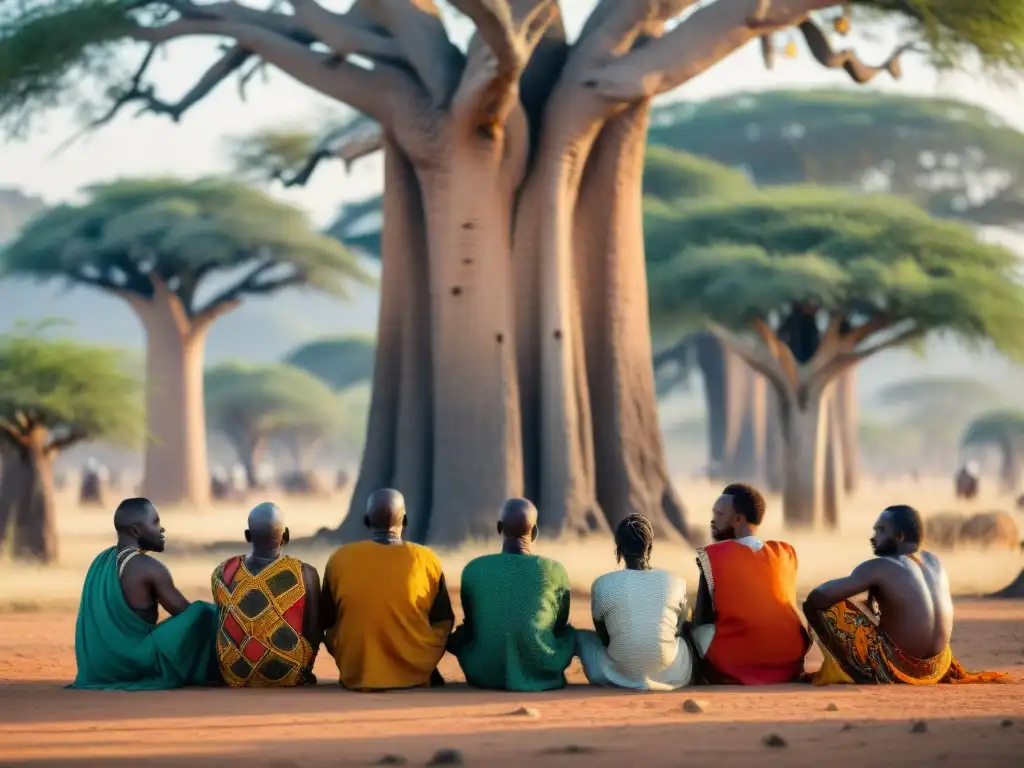 Líderes tribales africanos en profunda discusión bajo un baobab, reflejando la espiritualidad y liderazgo en África