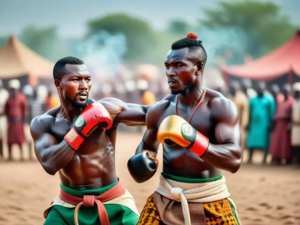 Dos luchadores Hausa en un intenso combate de Dambe bajo el sol africano, reflejando la tradición de las artes marciales africanas