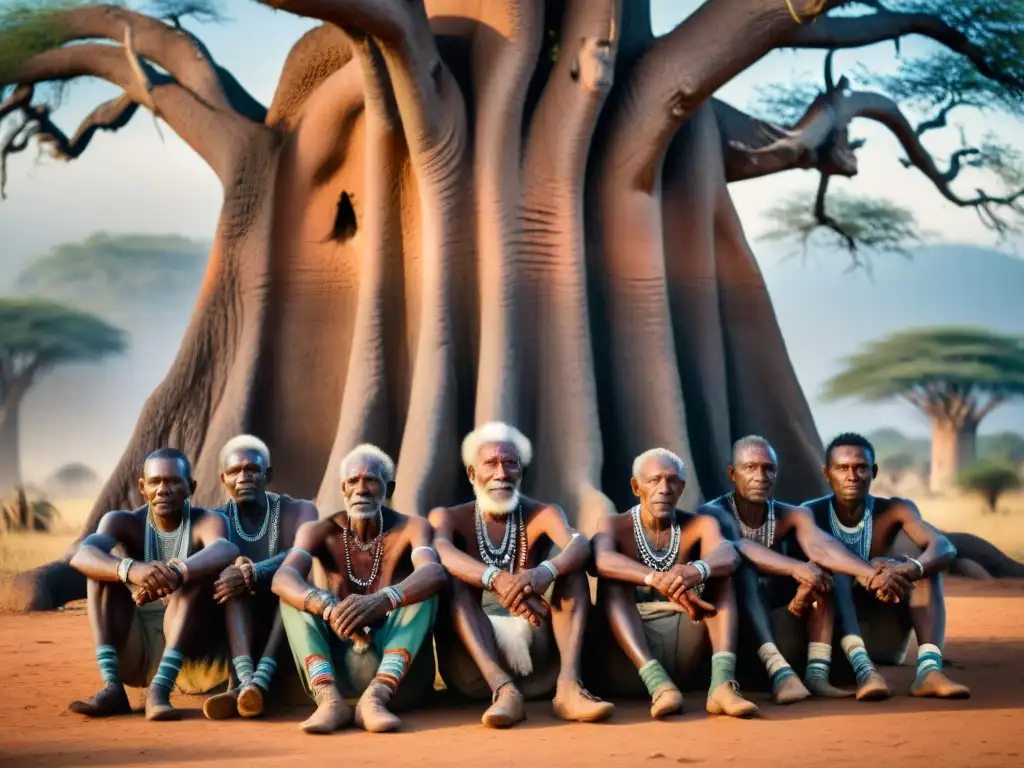 La luz del sol entre las hojas de baobab destaca los tatuajes tribales de ancianos africanos, revelando historias de fuerza y sabiduría