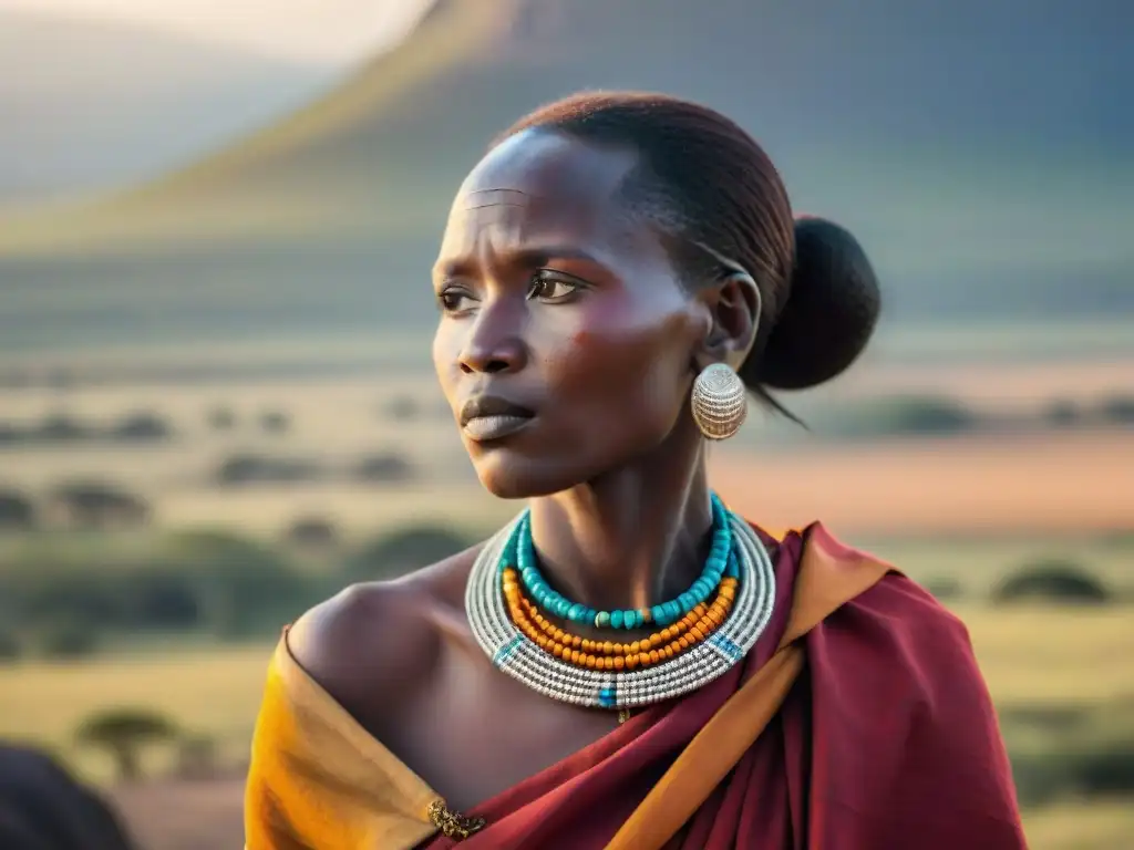 Una Maasai con sus adornos de joyas y vestimenta tradicional en las llanuras del Serengeti al atardecer