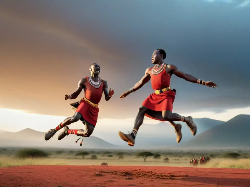 Maasai guerreros saltando en competencia, mostrando su resistencia y cultura en deportes tradicionales africanos