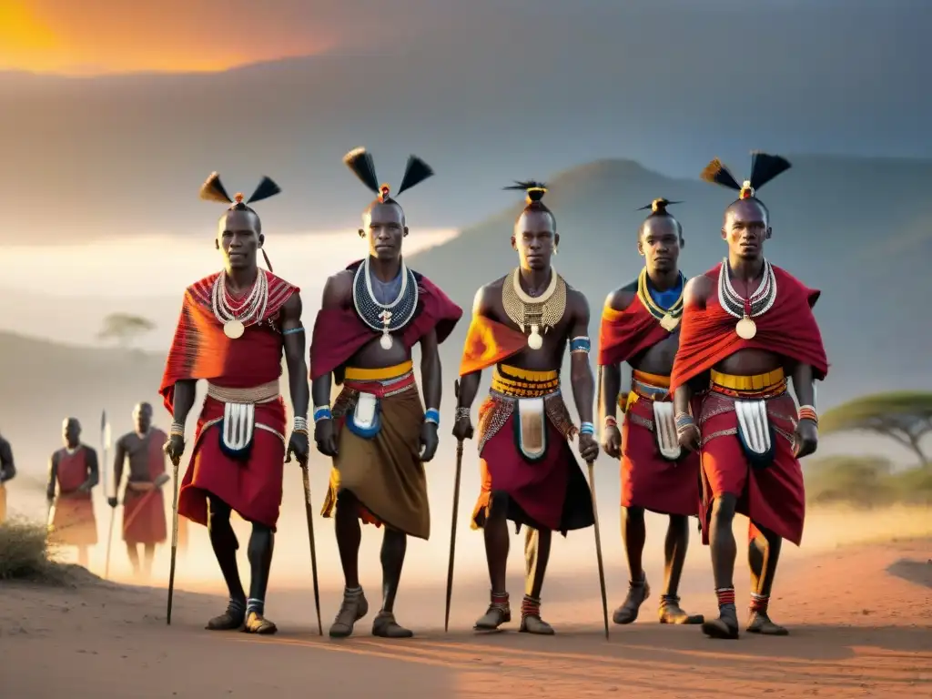 Maasai guerreros realizando danza guerrera sincronizada al atardecer en la sabana