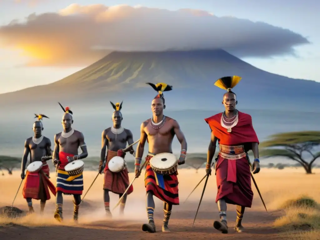 Maasai guerreros en danza tribal sincronizada al atardecer, mostrando disciplina en culturas guerreras africanas