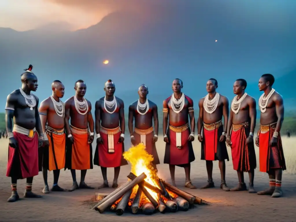 Maasai guerreros realizan ritual alrededor de fogata en la sabana africana bajo un cielo estrellado