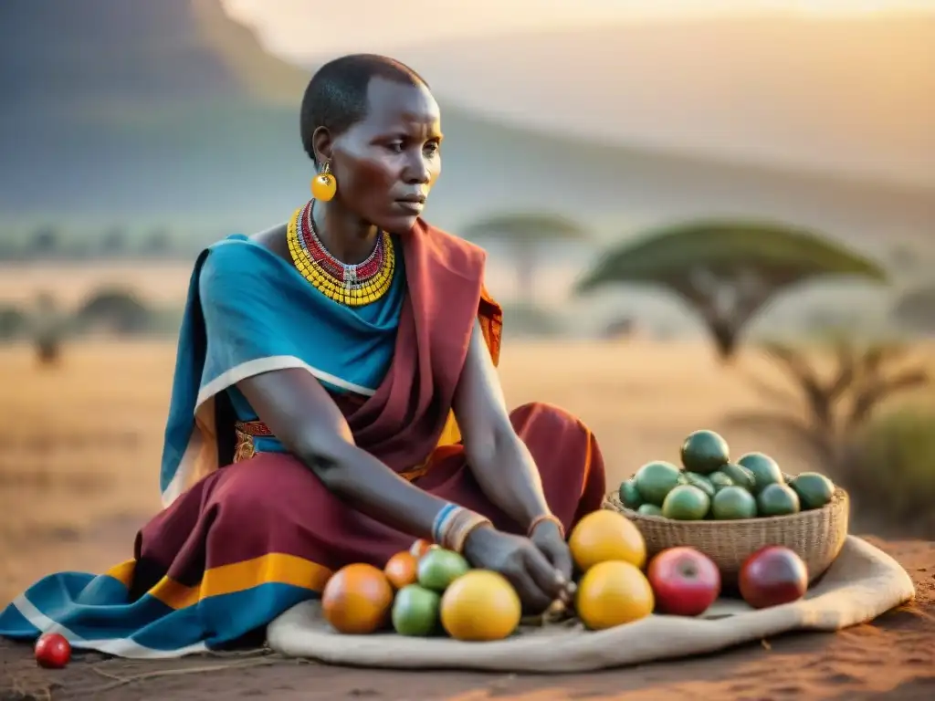 Maasai mujer preservando frutas con técnicas ancestrales en la sabana africana al atardecer