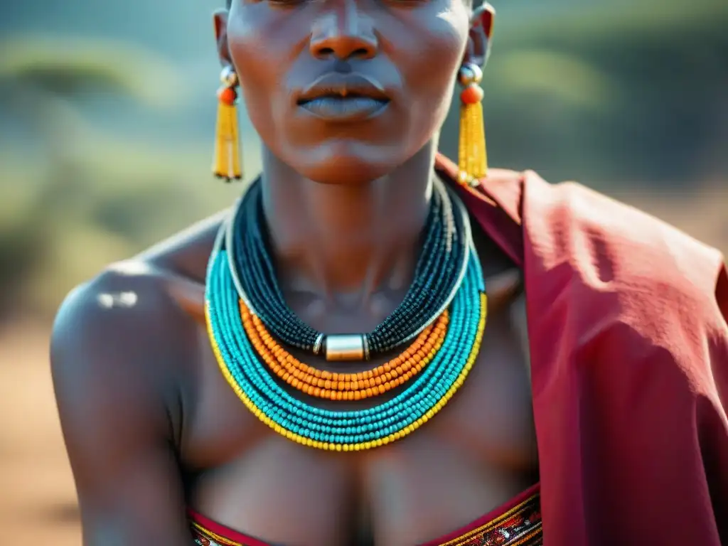 Maasai mujer elaborando joyería africana, simbolismo cultural y belleza en detalles y colores vibrantes
