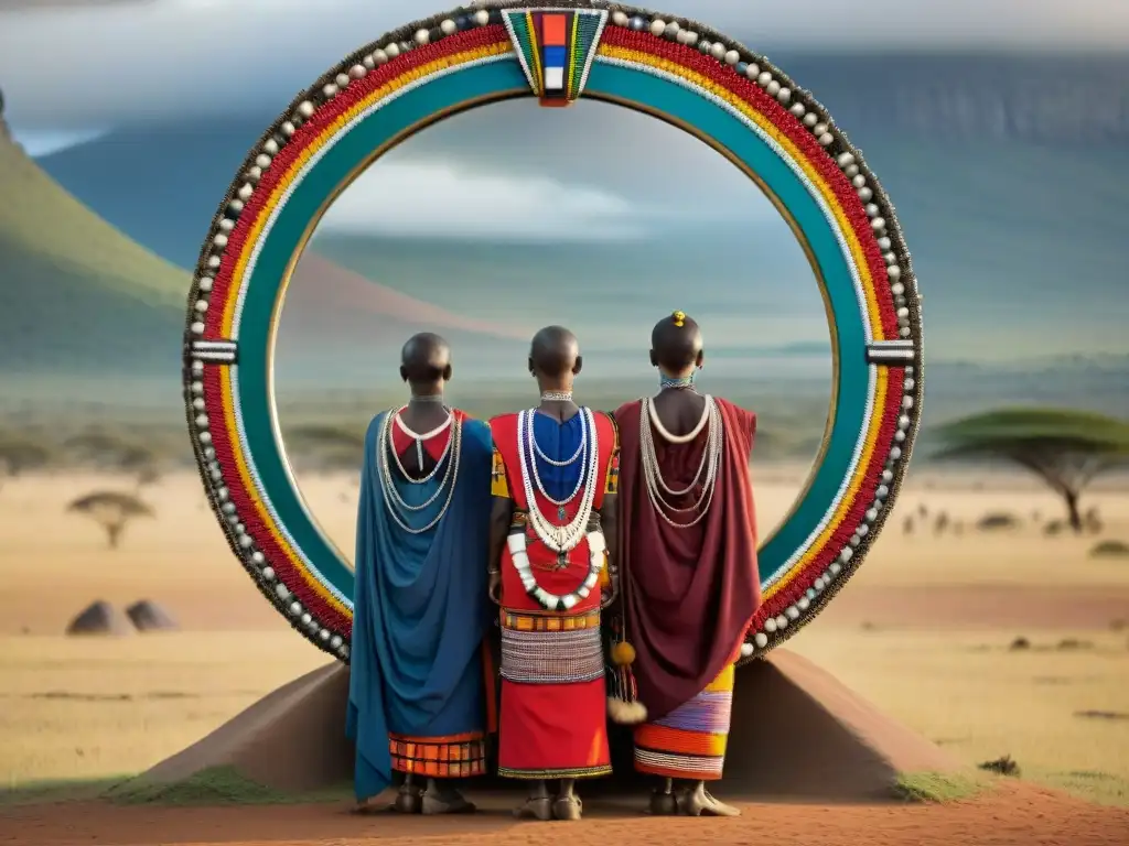 Maasai mujeres en trajes tradicionales frente a un espejo en la sabana: la importancia de espejos en culturas africanas