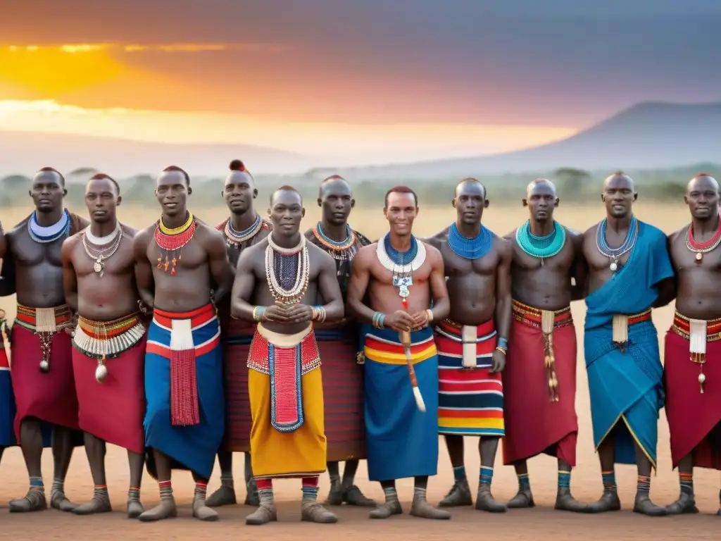 Maasai warriors bailando en un sitio sagrado en la puesta de sol en la restauración de lugares sagrados en África