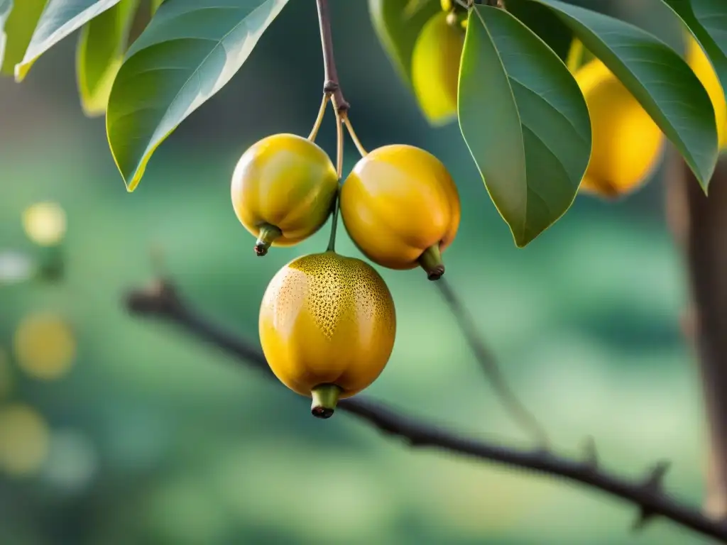 Madura fruta de marula colgando de una rama, resaltando su belleza natural y frescura bajo la luz del sol