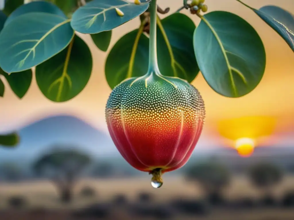 Madura fruta de marula en la sabana africana al atardecer, resaltando su piel dorada con rocío