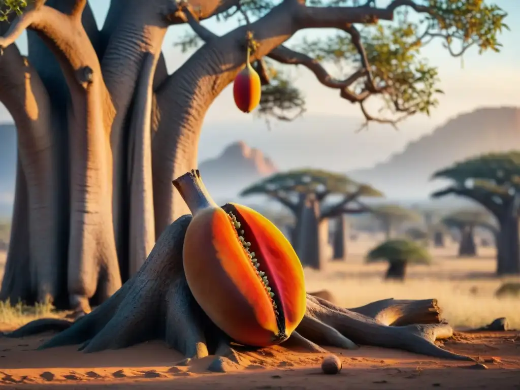 Madura fruta de baobab en la sabana africana, iluminada por el sol, creando una atmósfera exótica