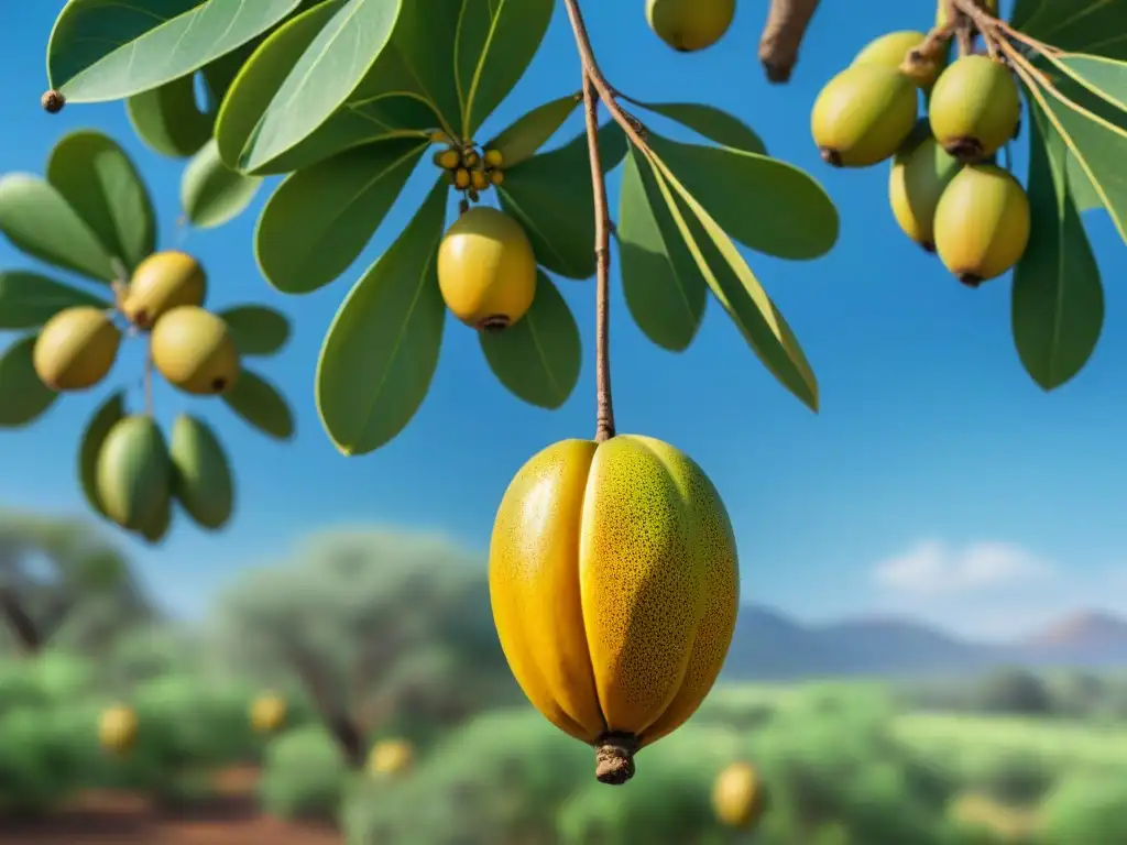 Maduro fruto de marula colgando de un árbol, con piel vibrante y textura única