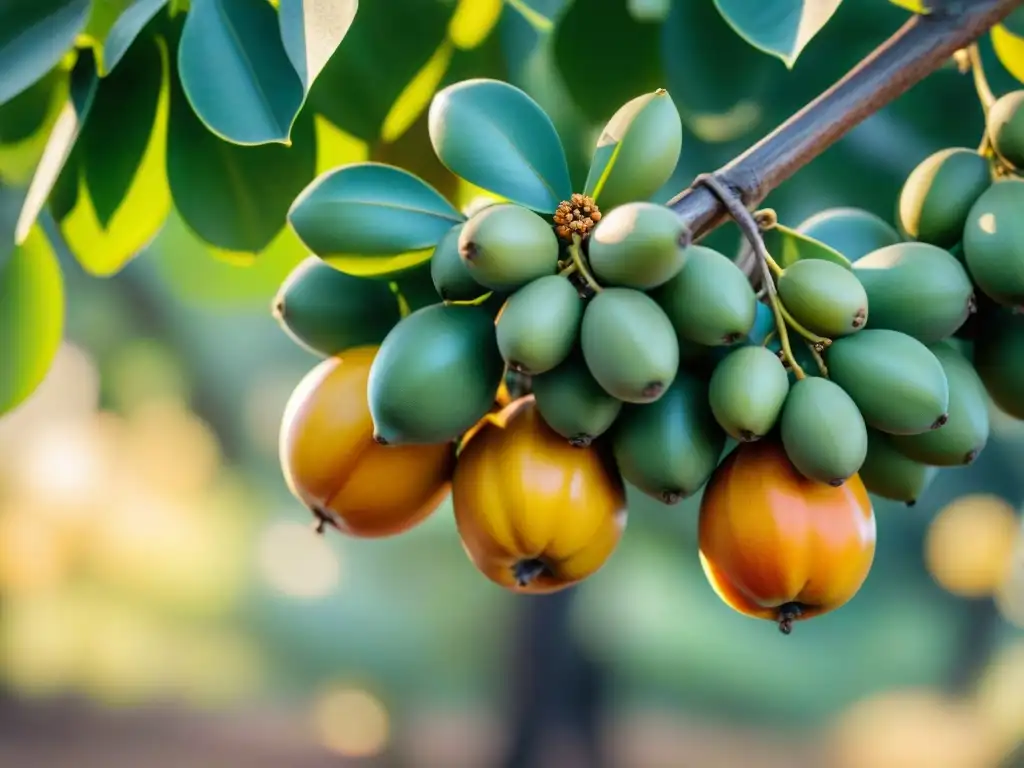 Maduros frutos de marula en la sabana africana, piel dorada y hojas verdes, bajo el cálido sol