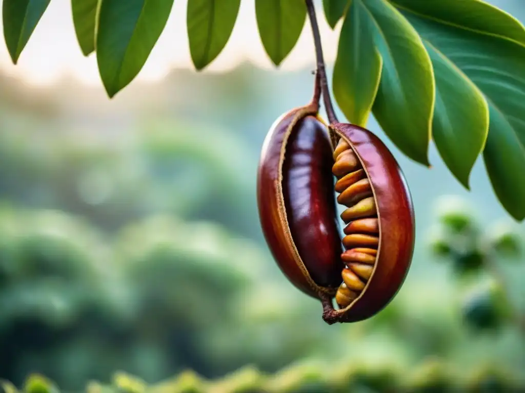 Maduros tamarindos africanos colgando de un árbol en un exuberante huerto, resplandecen al sol