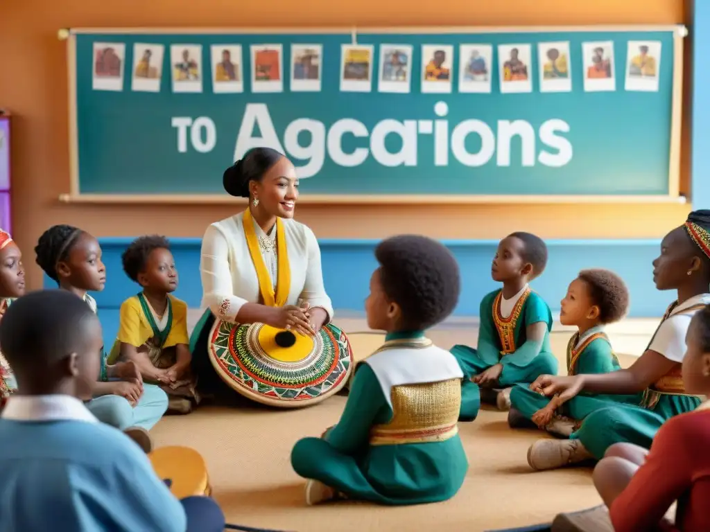 Clase de música africana: diversión intercultural en aula vibrante Una maestra africana enseña ritmos africanos educativos interculturales a estudiantes de diferentes edades en un aula vibrante