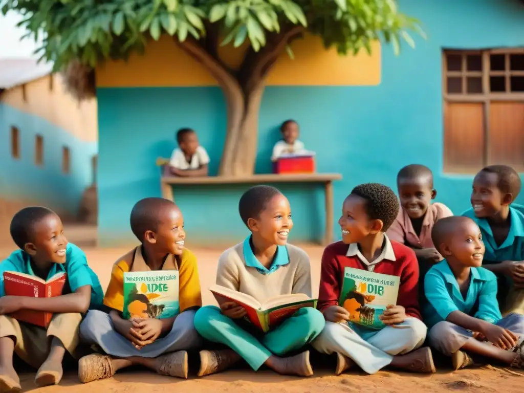 Maestra africana enseñando a niños bajo árbol en aldea, rodeados de material educativo colorido