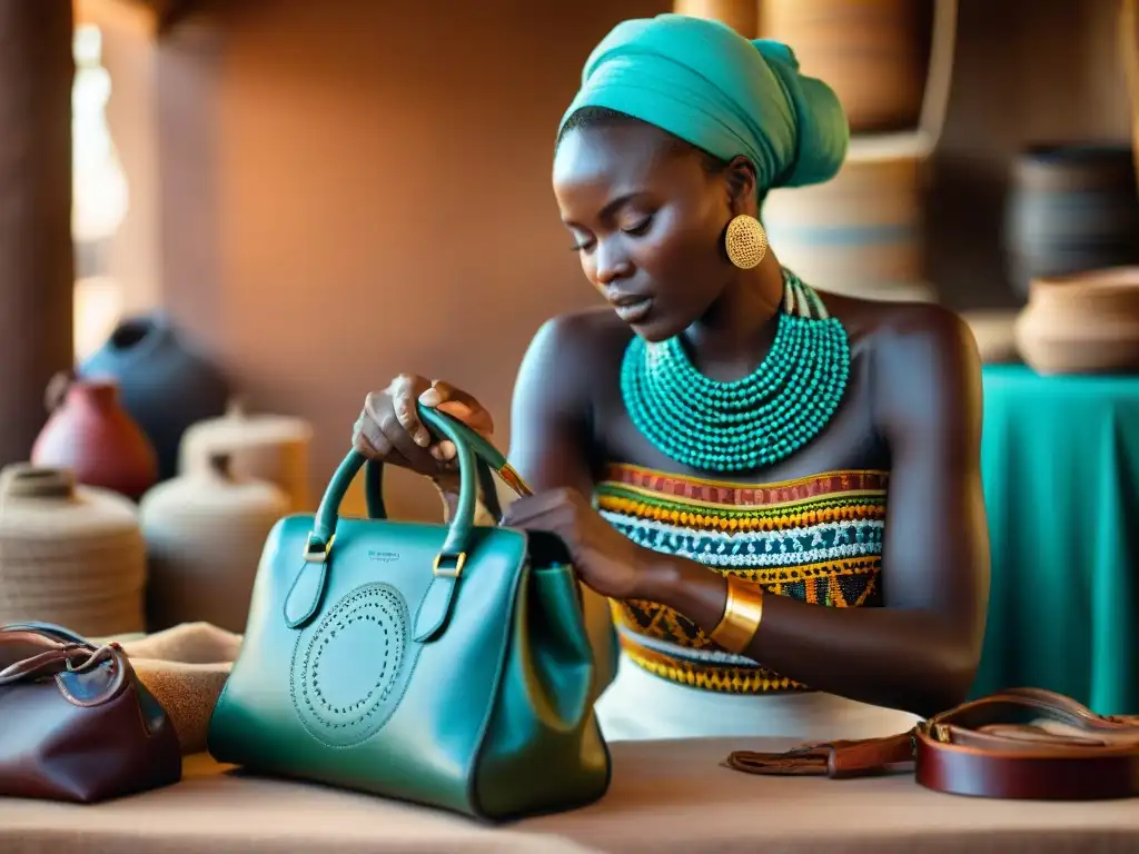 Maestro artesano africano confeccionando a mano un lujoso bolso de cuero, en un mercado tradicional