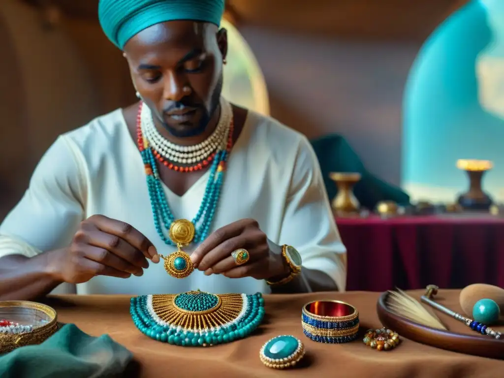 Un maestro joyero en África crea joyería de lujo inspirada en la diversidad regional, rodeado de gemas y herramientas tradicionales