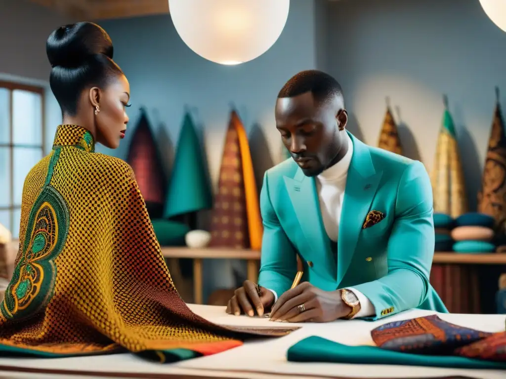 El maestro Ozwald Boateng confecciona una prenda africana única en su vibrante taller, resaltando la artesanía moda africana tradición entrevistas