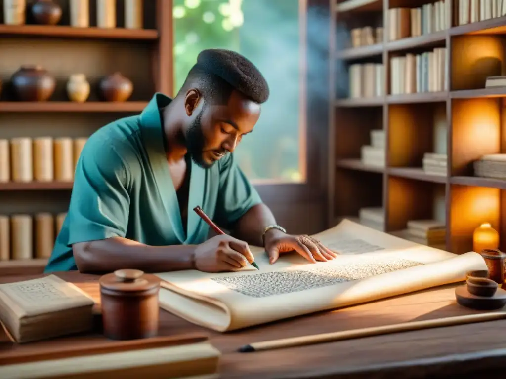 Maestro calígrafo en África creando símbolos con herramientas tradicionales en pergamino, rodeado de libros sobre sistemas de escritura africanos complejos, iluminado por cálida luz solar