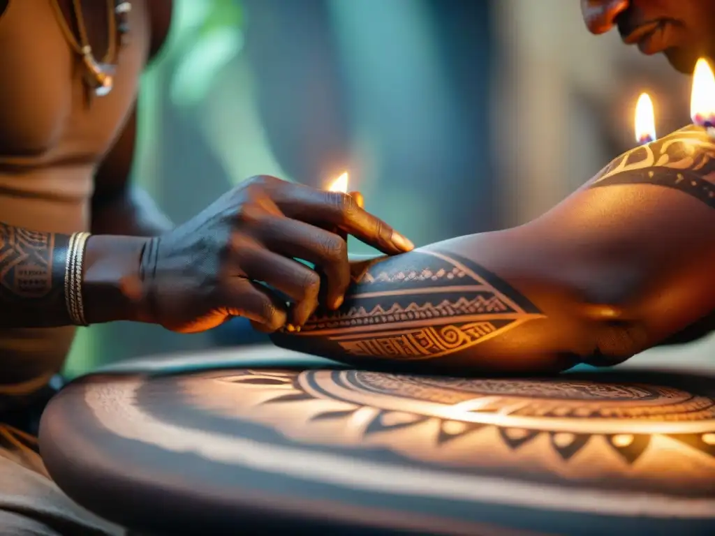 Magia ancestral: maestro tatuador africano creando diseño tribal en piel